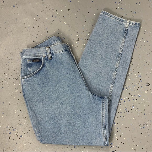 Vintage 90s Wrangler Stonewash Blue Mom Jeans High Waist Tapered Leg 14 32"x31" - Picture 1 of 15